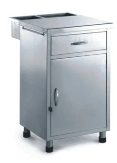 Stainless steel hospital bedside locker cabinet with one drawer, a locked door, and a side tray with compartments for medical supplies.